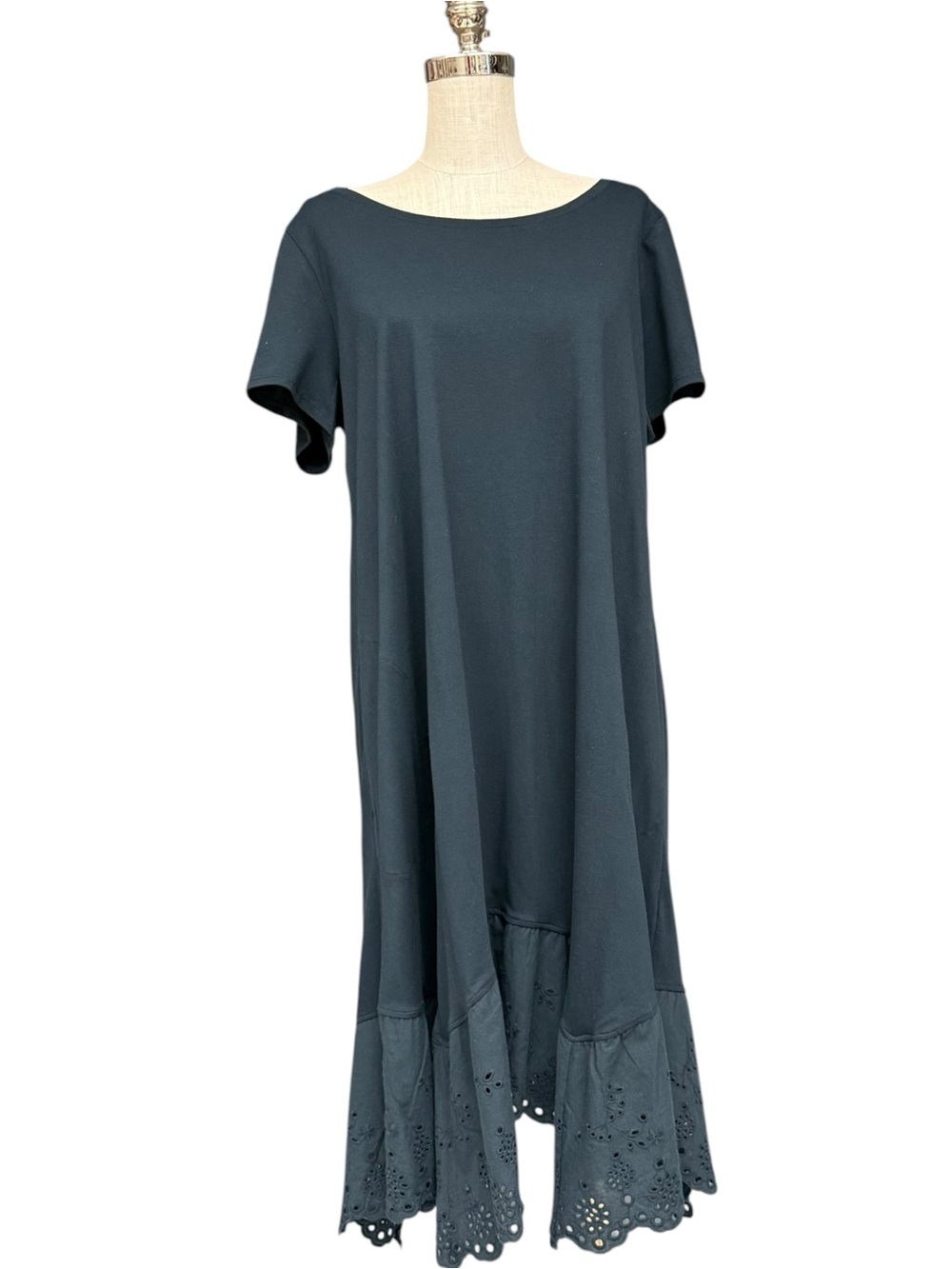 LOGO Lori Goldstein Black Asymmetric Eyelet Hem Cotton Modal Dress Large Petite